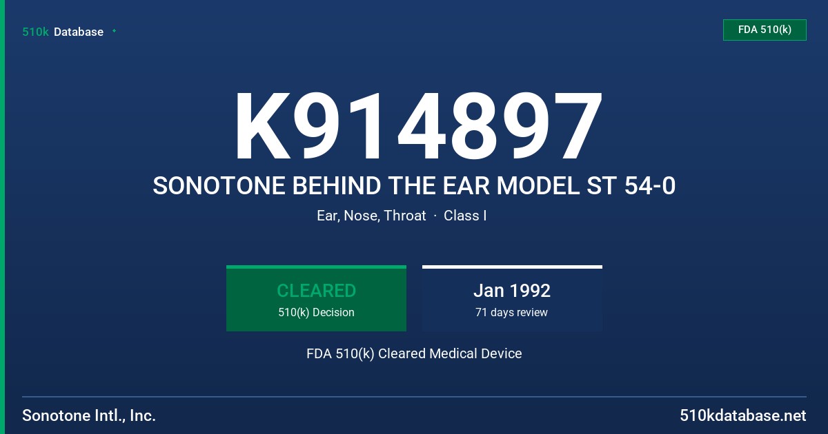 K914897 SONOTONE BEHIND THE EAR MODEL ST 54-0 FDA 510(k) Cleared Medical Device