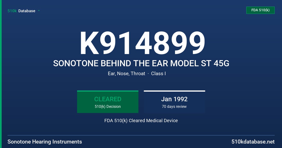 K914899 SONOTONE BEHIND THE EAR MODEL ST 45G FDA 510(k) Cleared Medical Device