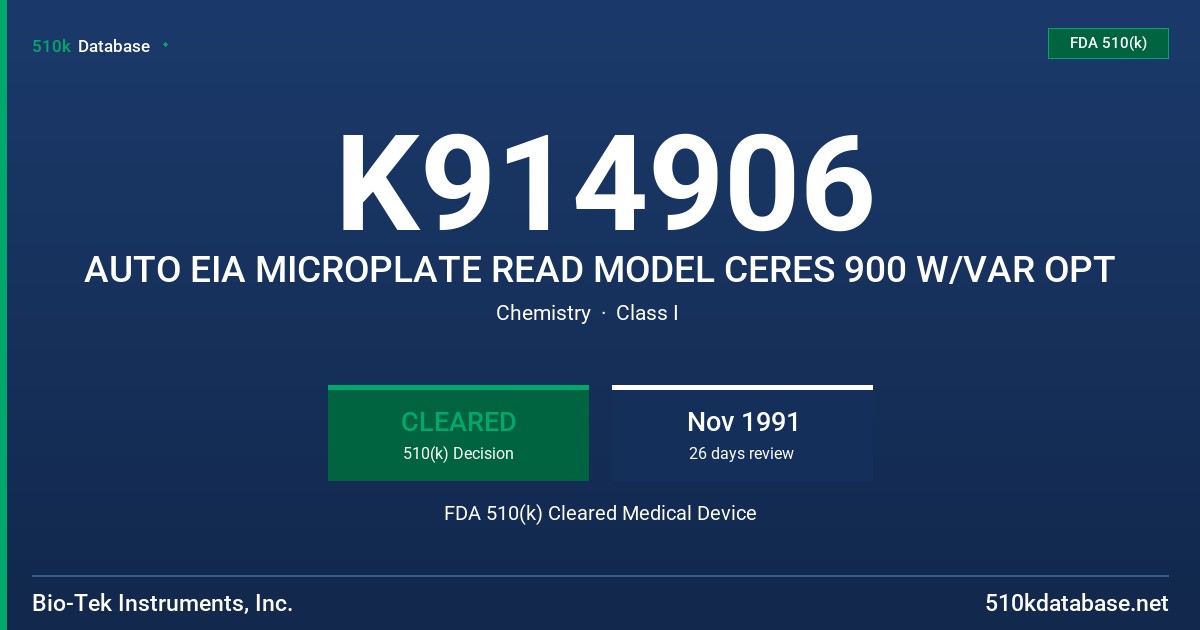 K914906 AUTO EIA MICROPLATE READ MODEL CERES 900 W/VAR OPT FDA 510(k) Cleared Medical Device