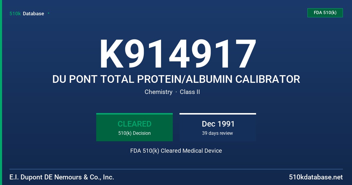 K914917 DU PONT TOTAL PROTEIN/ALBUMIN CALIBRATOR FDA 510(k) Cleared Medical Device