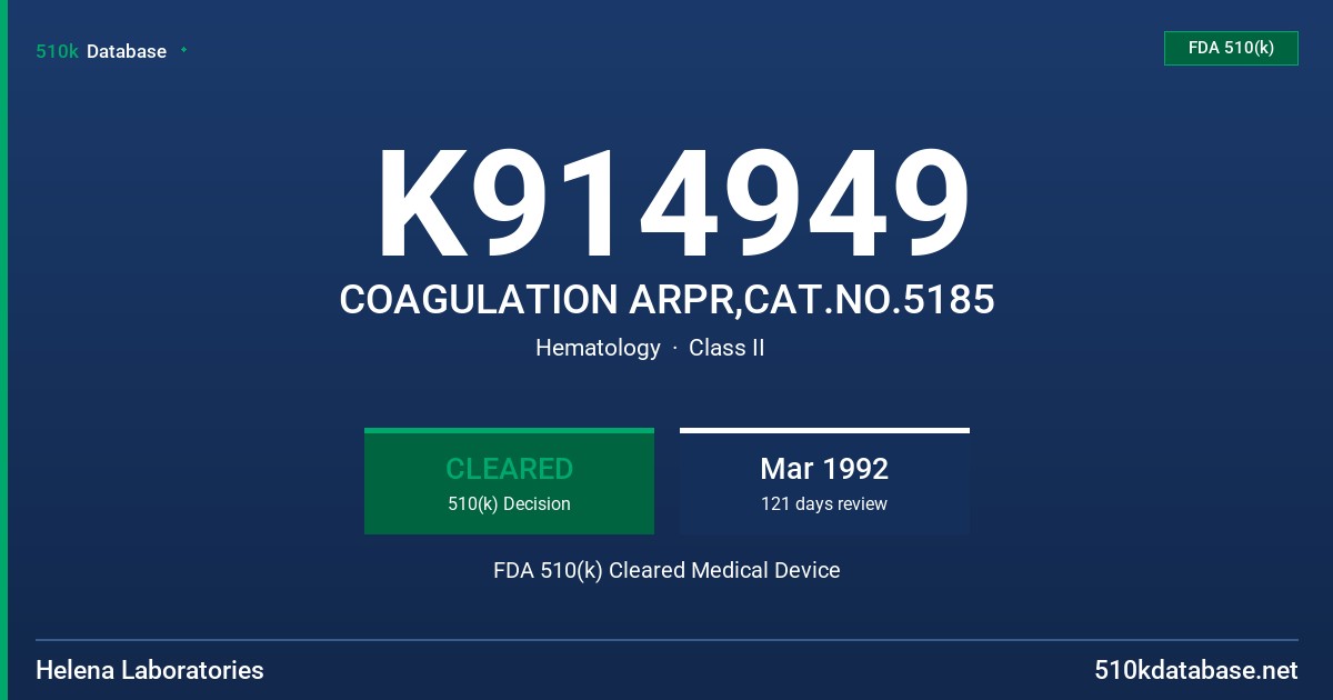 K914949 COAGULATION ARPR,CAT.NO.5185 FDA 510(k) Cleared Medical Device
