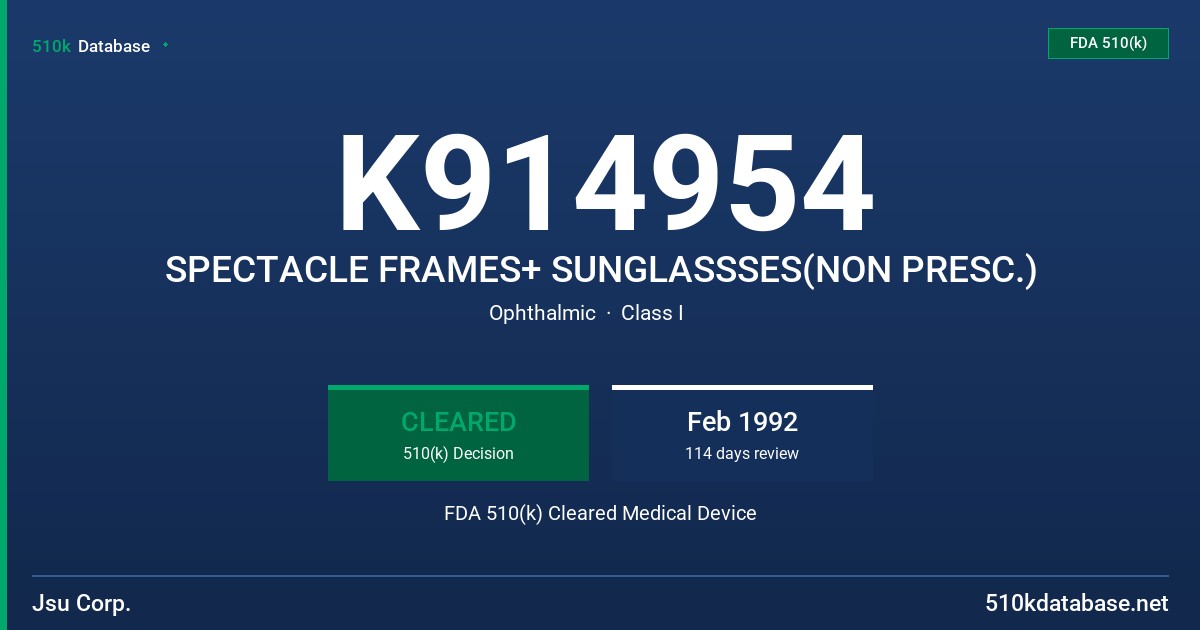 K914954 SPECTACLE FRAMES+ SUNGLASSSES(NON PRESC.) FDA 510(k) Cleared Medical Device