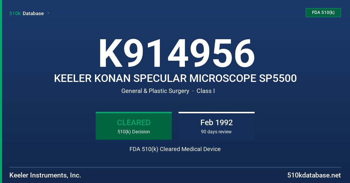 K914956 KEELER KONAN SPECULAR MICROSCOPE SP5500 FDA 510(k) Cleared Medical Device
