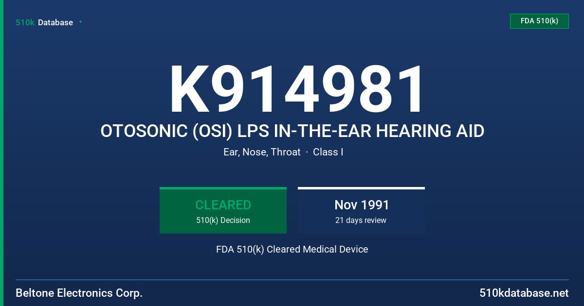 K914981 OTOSONIC (OSI) LPS IN-THE-EAR HEARING AID FDA 510(k) Cleared Medical Device
