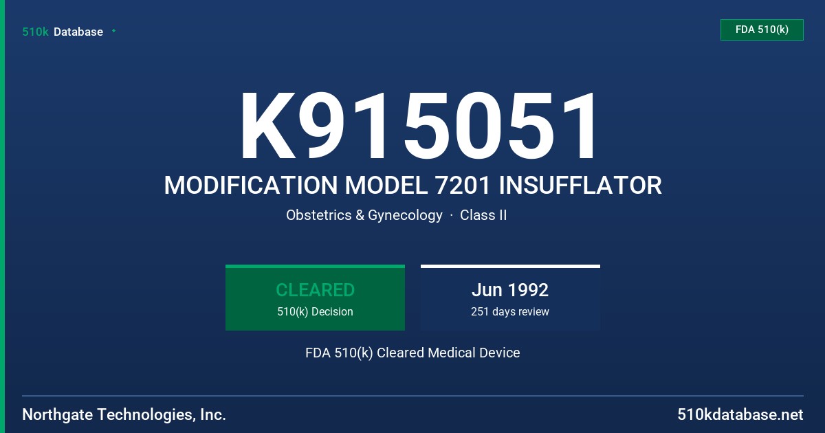K915051 MODIFICATION MODEL 7201 INSUFFLATOR FDA 510(k) Cleared Medical Device
