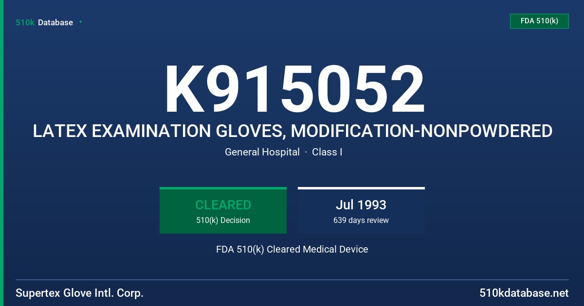 K915052 LATEX EXAMINATION GLOVES, MODIFICATION-NONPOWDERED FDA 510(k) Cleared Medical Device