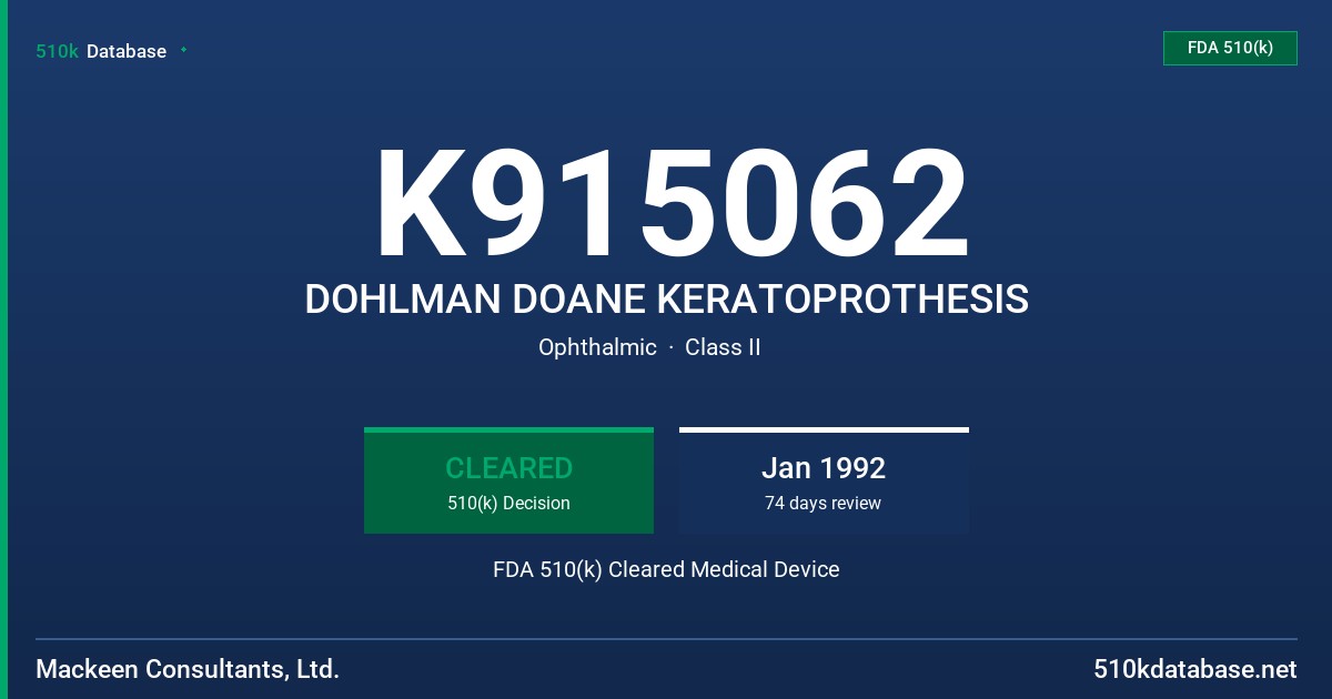 K915062 DOHLMAN DOANE KERATOPROTHESIS FDA 510(k) Cleared Medical Device