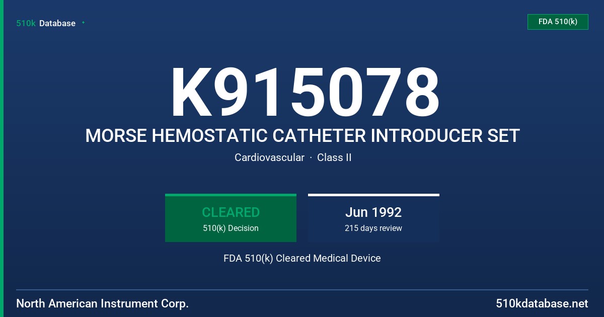 K915078 MORSE HEMOSTATIC CATHETER INTRODUCER SET FDA 510(k) Cleared Medical Device