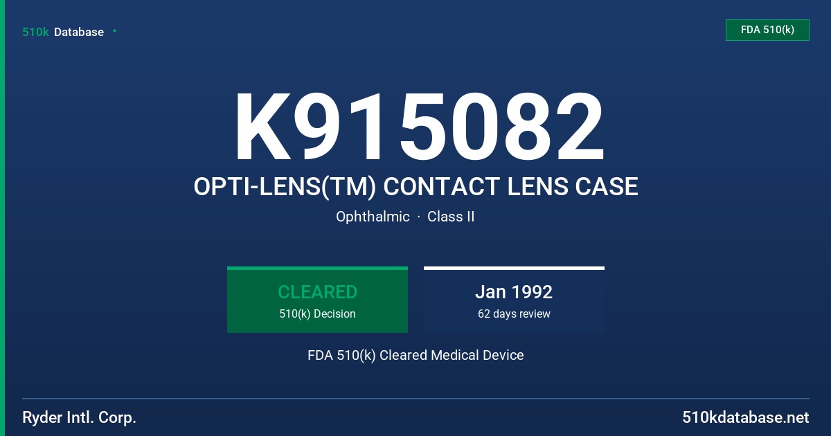 K915082 OPTI-LENS(TM) CONTACT LENS CASE FDA 510(k) Cleared Medical Device