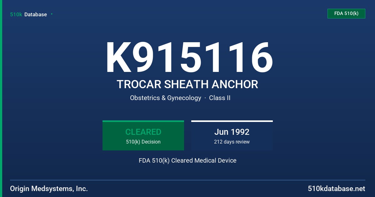 K915116 TROCAR SHEATH ANCHOR FDA 510(k) Cleared Medical Device