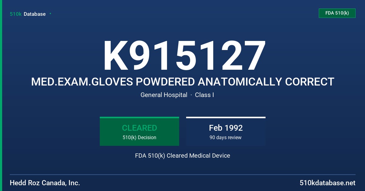 K915127 MED.EXAM.GLOVES POWDERED ANATOMICALLY CORRECT FDA 510(k) Cleared Medical Device