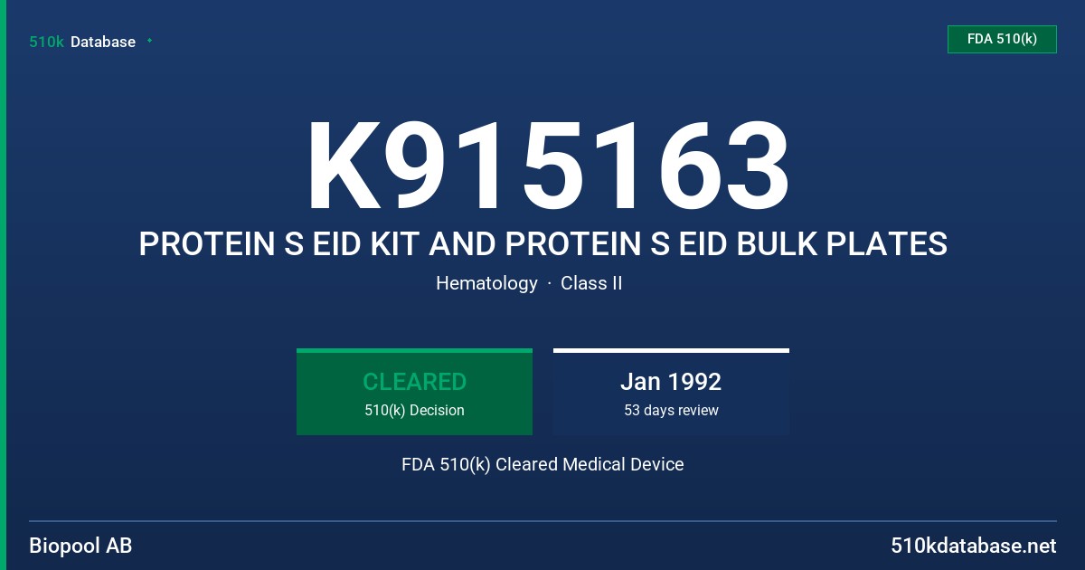 K915163 PROTEIN S EID KIT AND PROTEIN S EID BULK PLATES FDA 510(k) Cleared Medical Device