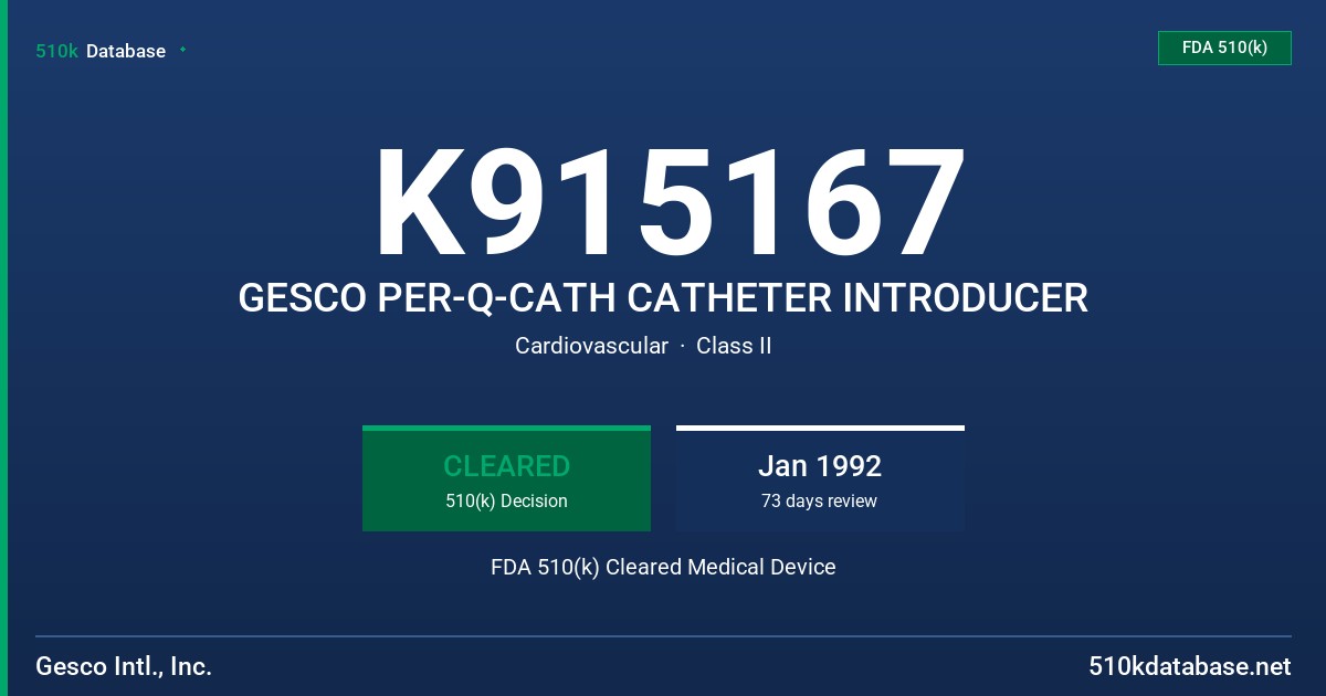 K915167 GESCO PER-Q-CATH CATHETER INTRODUCER FDA 510(k) Cleared Medical Device