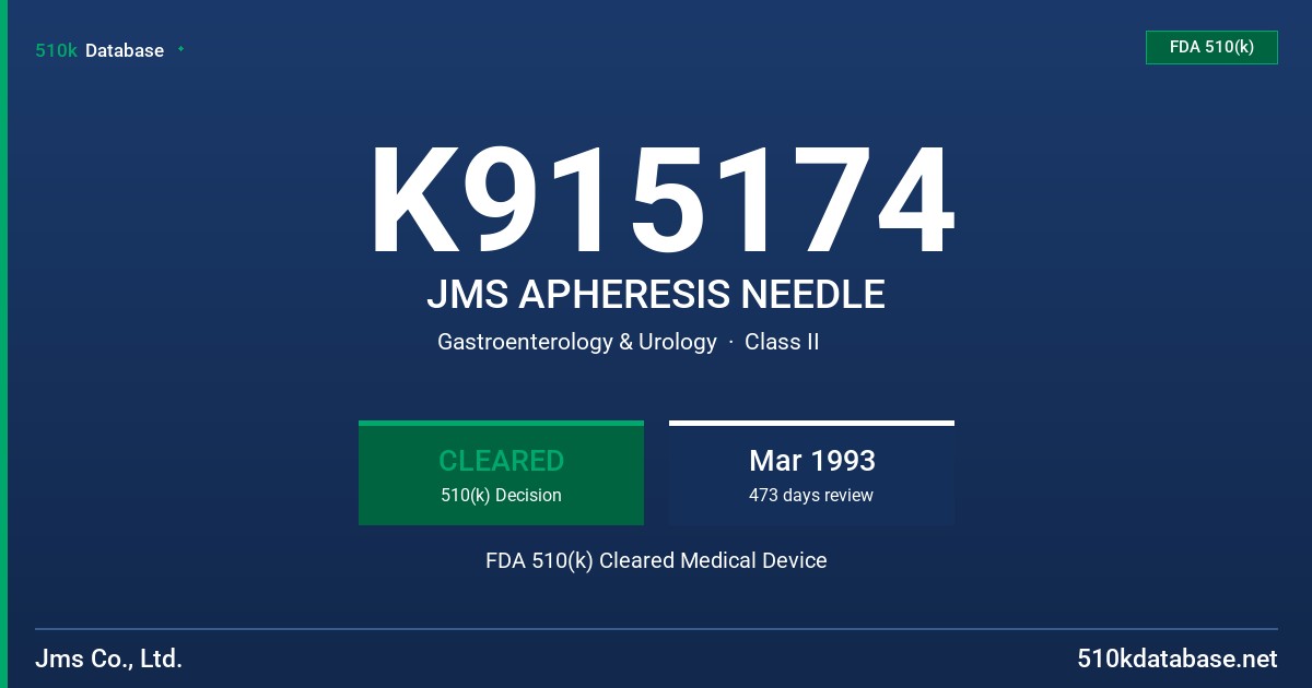 K915174 JMS APHERESIS NEEDLE FDA 510(k) Cleared Medical Device