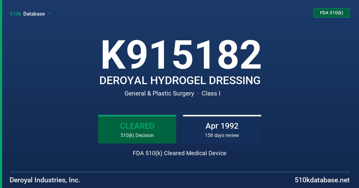 K915182 DEROYAL HYDROGEL DRESSING FDA 510(k) Cleared Medical Device