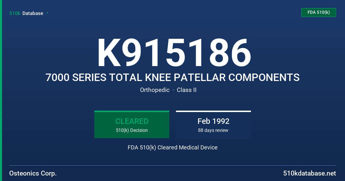 K915186 7000 SERIES TOTAL KNEE PATELLAR COMPONENTS FDA 510(k) Cleared Medical Device