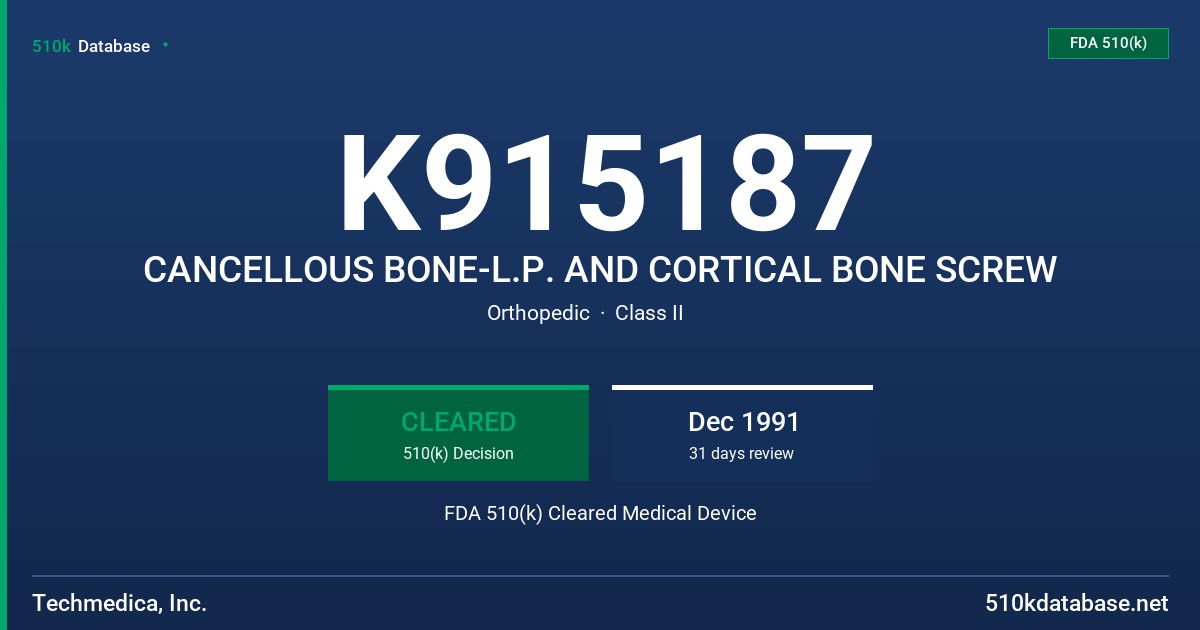K915187 CANCELLOUS BONE-L.P. AND CORTICAL BONE SCREW FDA 510(k) Cleared Medical Device