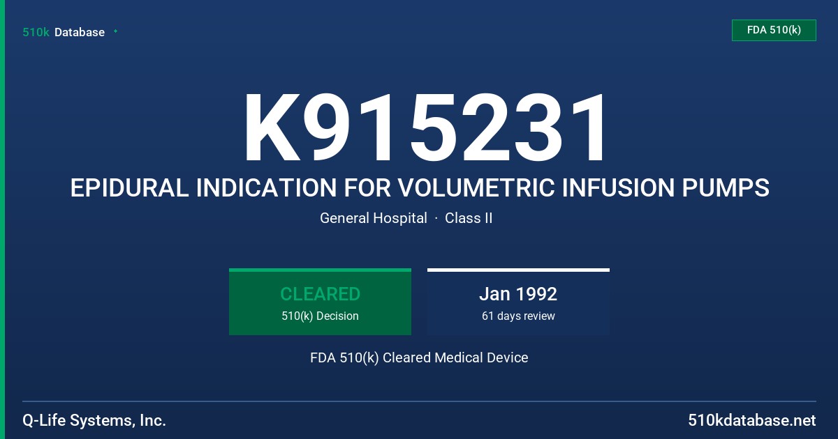 K915231 EPIDURAL INDICATION FOR VOLUMETRIC INFUSION PUMPS FDA 510(k) Cleared Medical Device