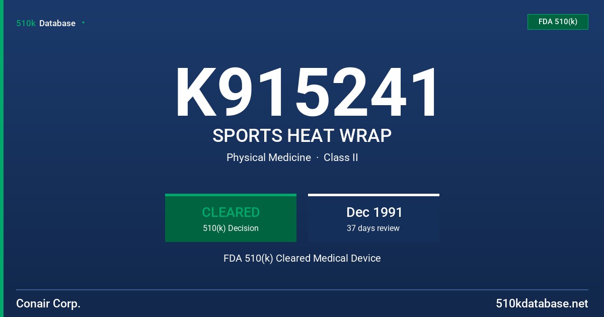 K915241 SPORTS HEAT WRAP FDA 510(k) Cleared Medical Device