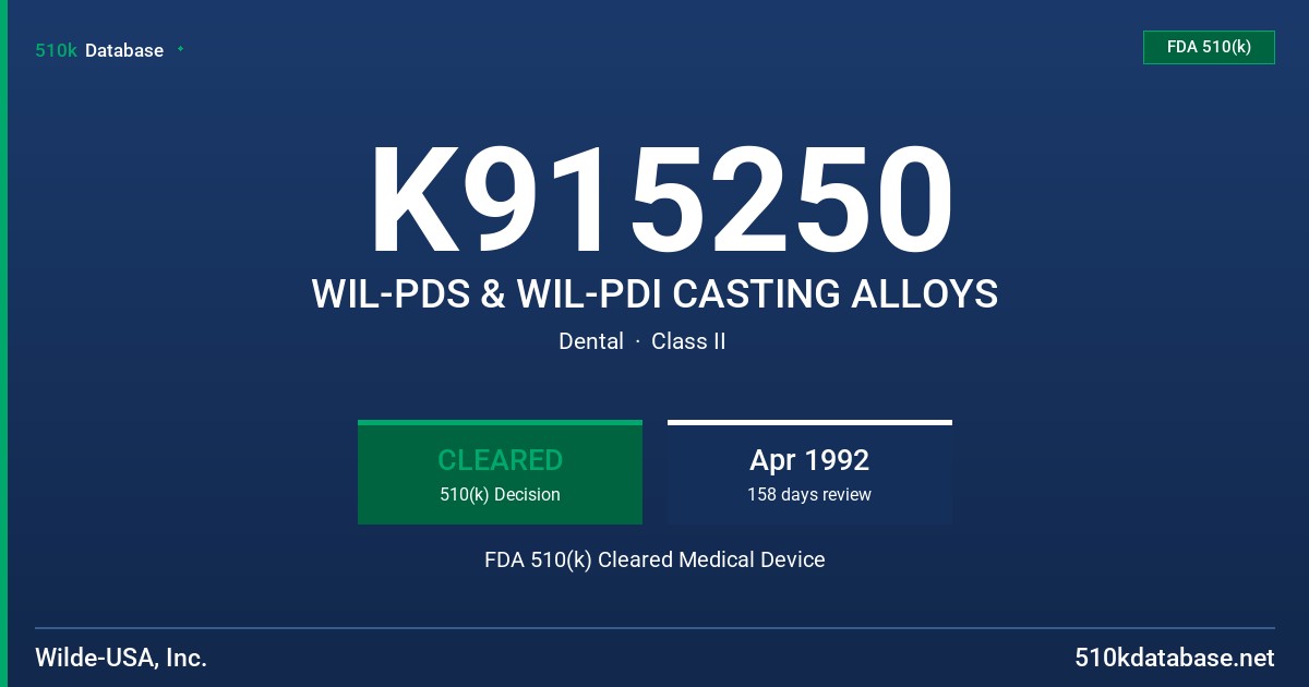 K915250 WIL-PDS & WIL-PDI CASTING ALLOYS FDA 510(k) Cleared Medical Device