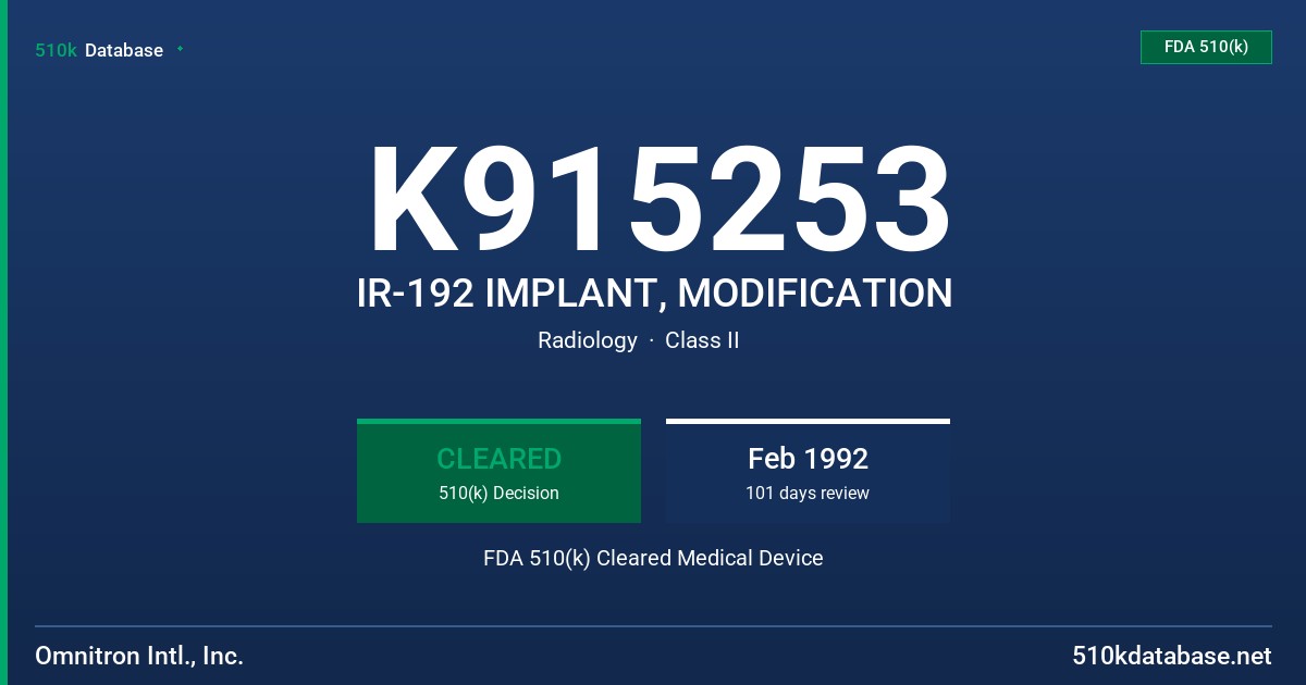 K915253 IR-192 IMPLANT, MODIFICATION FDA 510(k) Cleared Medical Device