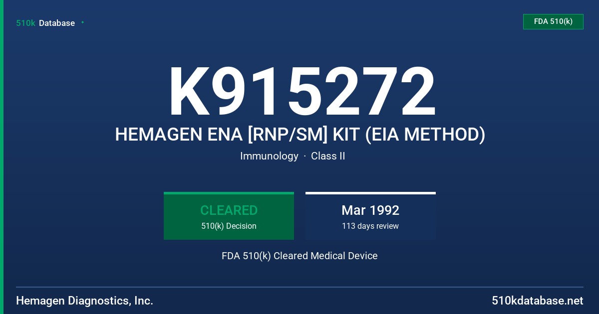 K915272 HEMAGEN ENA [RNP/SM] KIT (EIA METHOD) FDA 510(k) Cleared Medical Device