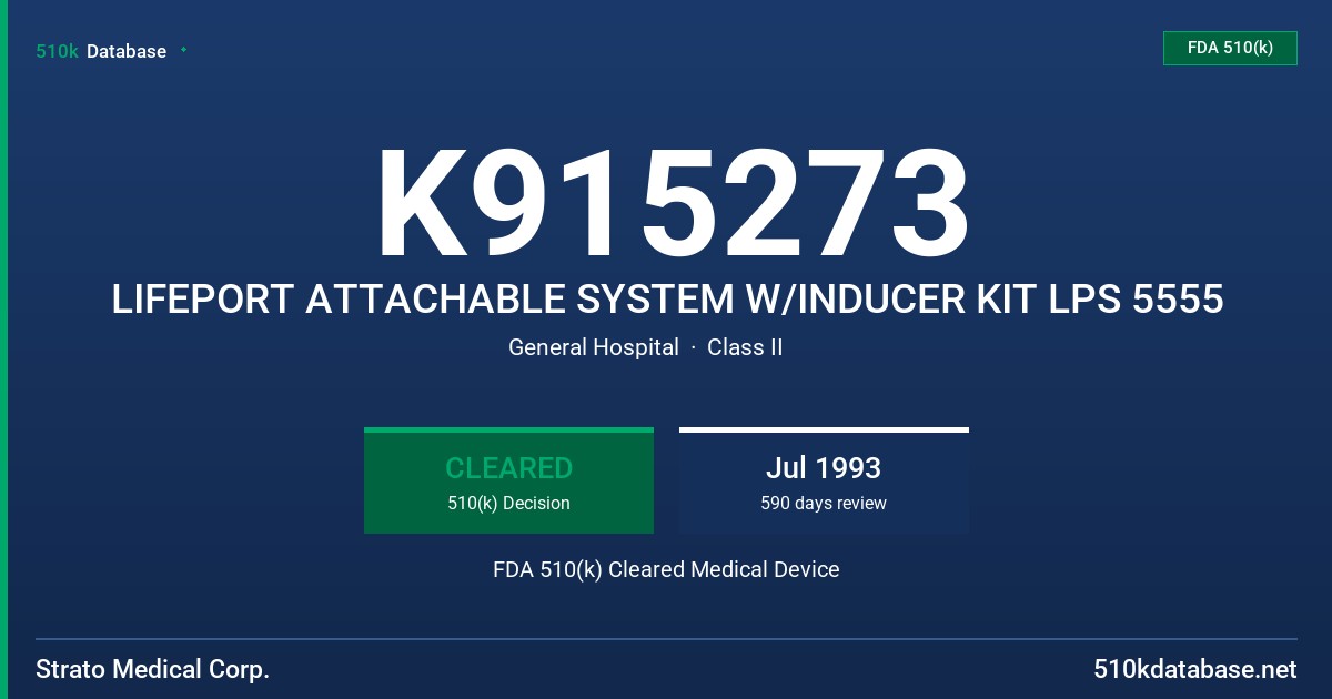 K915273 LIFEPORT ATTACHABLE SYSTEM W/INDUCER KIT LPS 5555 FDA 510(k) Cleared Medical Device