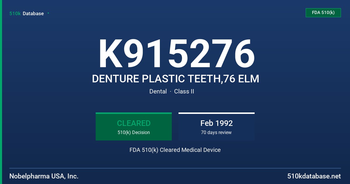 K915276 DENTURE PLASTIC TEETH,76 ELM FDA 510(k) Cleared Medical Device