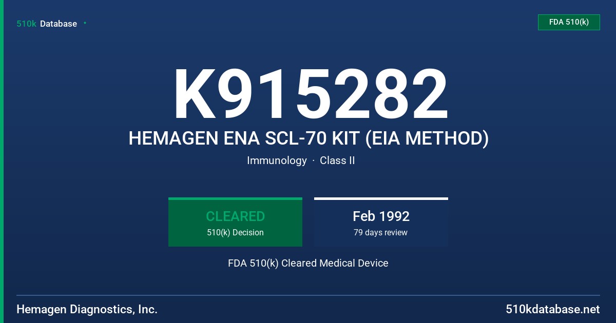 K915282 HEMAGEN ENA SCL-70 KIT (EIA METHOD) FDA 510(k) Cleared Medical Device