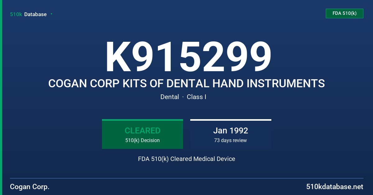 K915299 COGAN CORP KITS OF DENTAL HAND INSTRUMENTS FDA 510(k) Cleared Medical Device