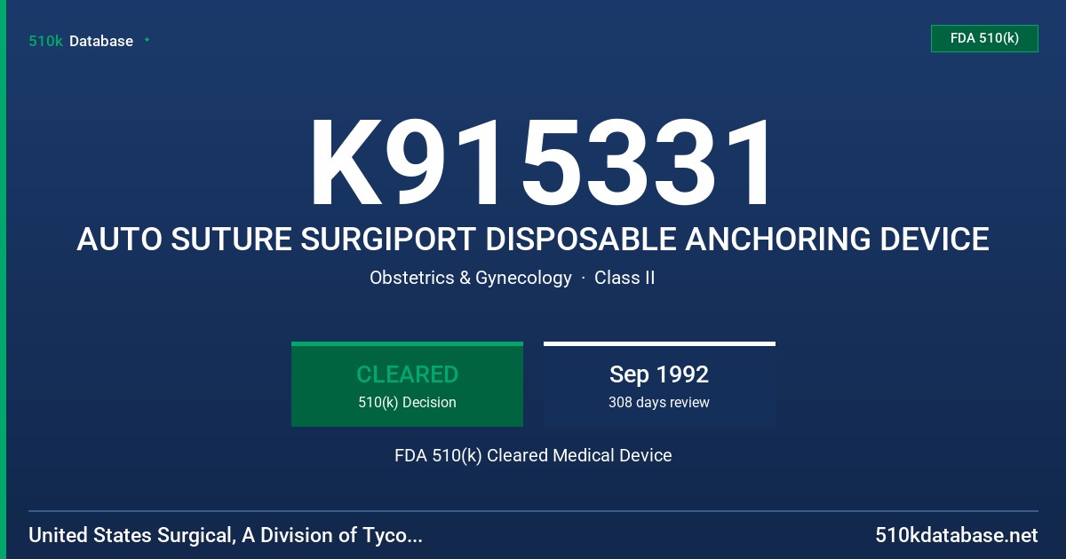 K915331 AUTO SUTURE SURGIPORT DISPOSABLE ANCHORING DEVICE FDA 510(k) Cleared Medical Device