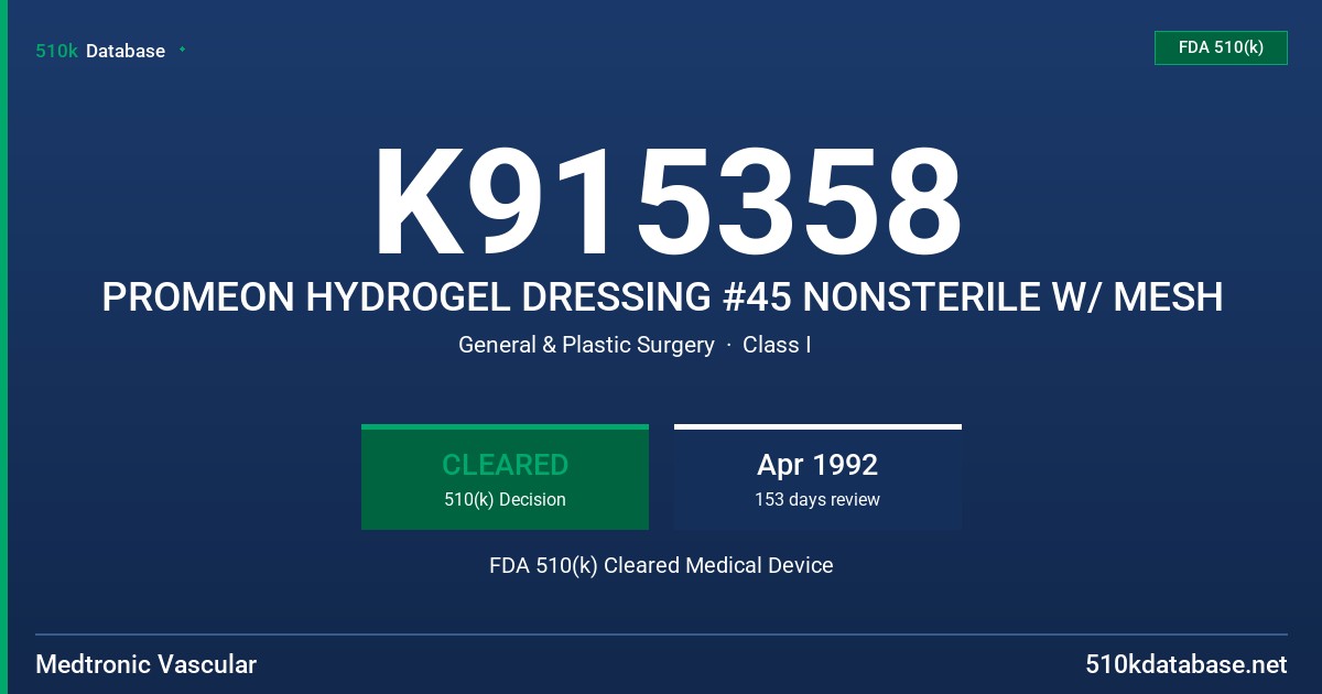 K915358 PROMEON HYDROGEL DRESSING #45 NONSTERILE W/ MESH FDA 510(k) Cleared Medical Device