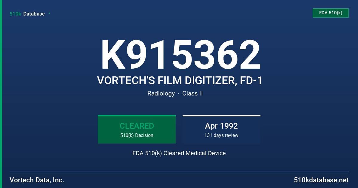 K915362 VORTECH'S FILM DIGITIZER, FD-1 FDA 510(k) Cleared Medical Device