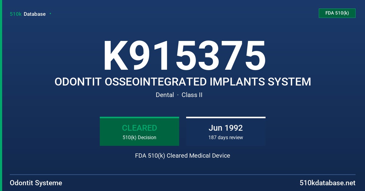 K915375 ODONTIT OSSEOINTEGRATED IMPLANTS SYSTEM FDA 510(k) Cleared Medical Device
