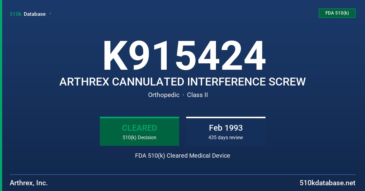 K915424 ARTHREX CANNULATED INTERFERENCE SCREW FDA 510(k) Cleared Medical Device