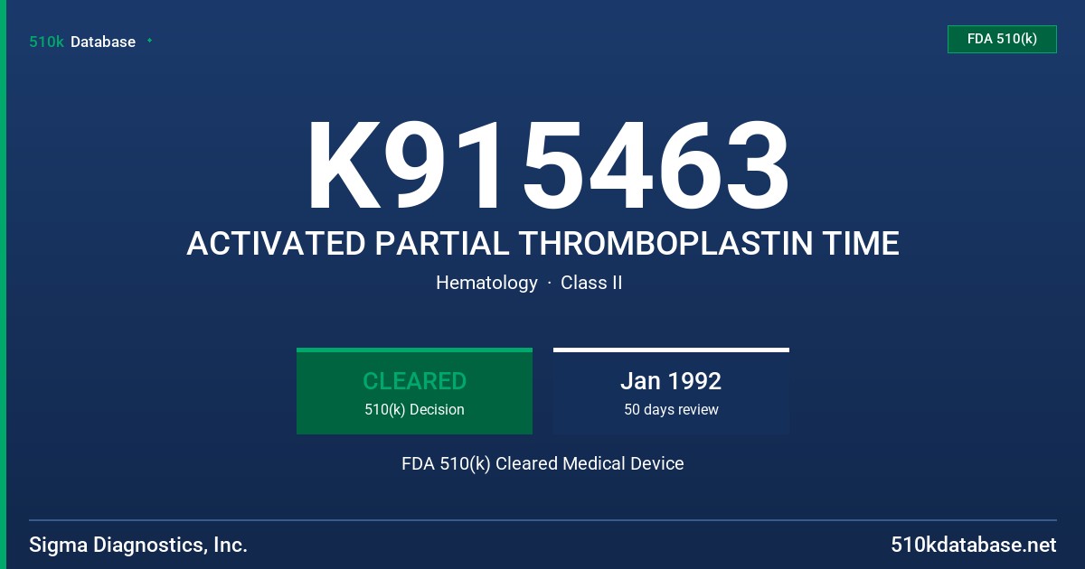 K915463 ACTIVATED PARTIAL THROMBOPLASTIN TIME FDA 510(k) Cleared Medical Device