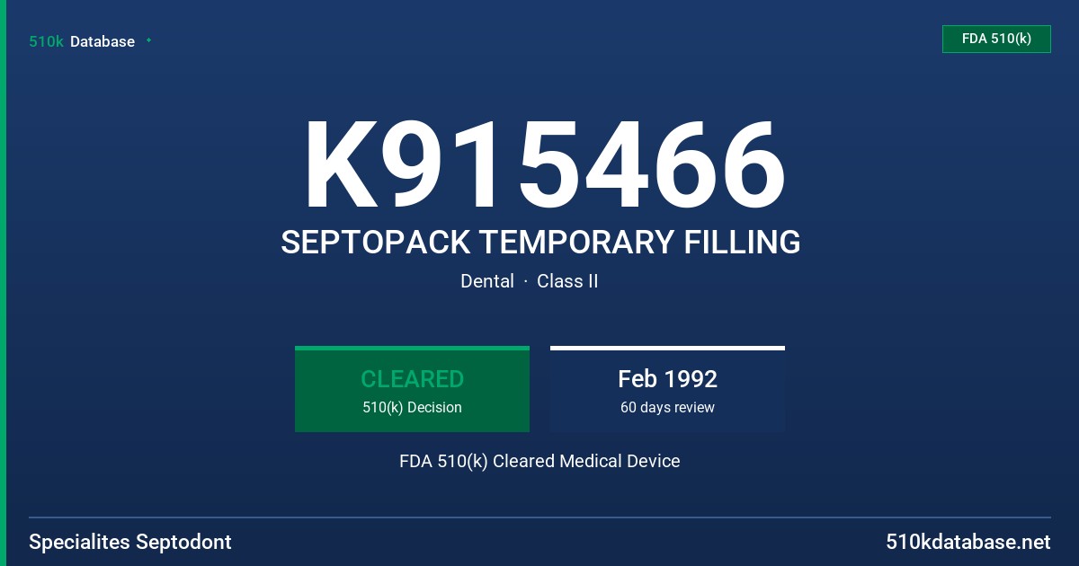 K915466 SEPTOPACK TEMPORARY FILLING FDA 510(k) Cleared Medical Device