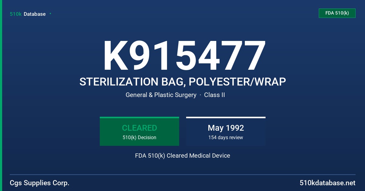 K915477 STERILIZATION BAG, POLYESTER/WRAP FDA 510(k) Cleared Medical Device