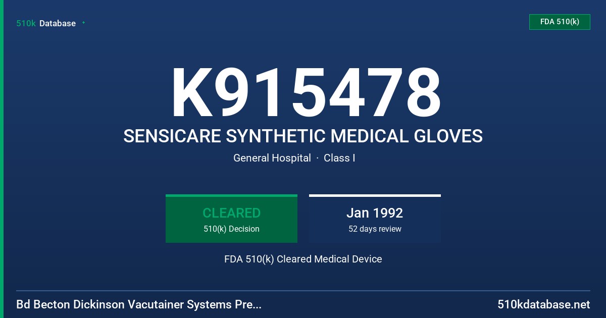 K915478 SENSICARE SYNTHETIC MEDICAL GLOVES FDA 510(k) Cleared Medical Device