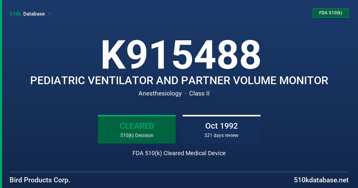 K915488 PEDIATRIC VENTILATOR AND PARTNER VOLUME MONITOR FDA 510(k) Cleared Medical Device