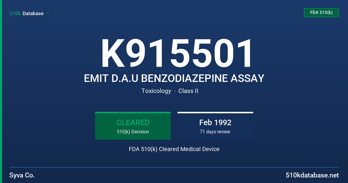 K915501 EMIT D.A.U BENZODIAZEPINE ASSAY FDA 510(k) Cleared Medical Device