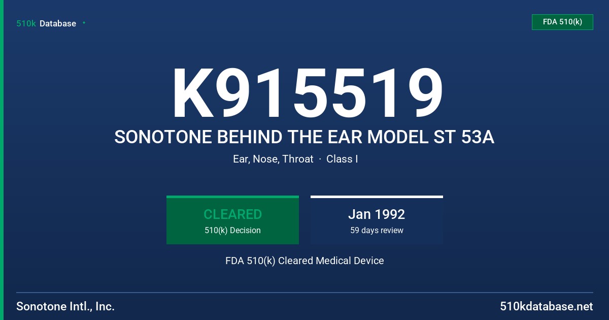 K915519 SONOTONE BEHIND THE EAR MODEL ST 53A FDA 510(k) Cleared Medical Device