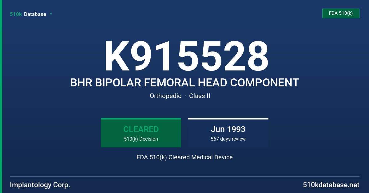 K915528 BHR BIPOLAR FEMORAL HEAD COMPONENT FDA 510(k) Cleared Medical Device