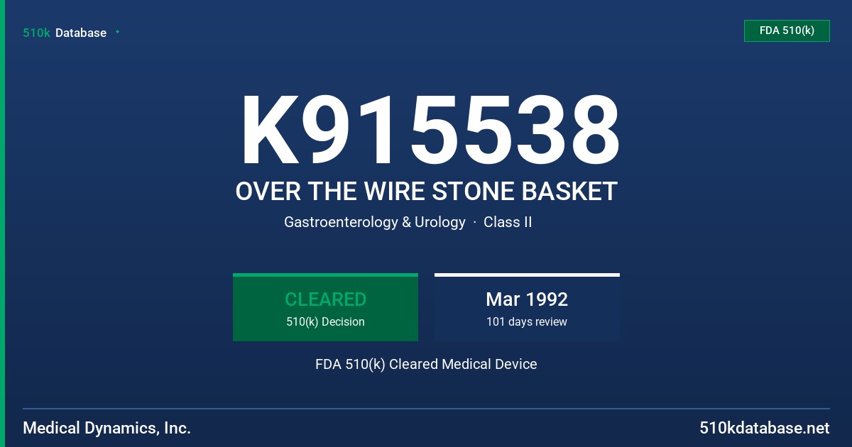 K915538 OVER THE WIRE STONE BASKET FDA 510(k) Cleared Medical Device