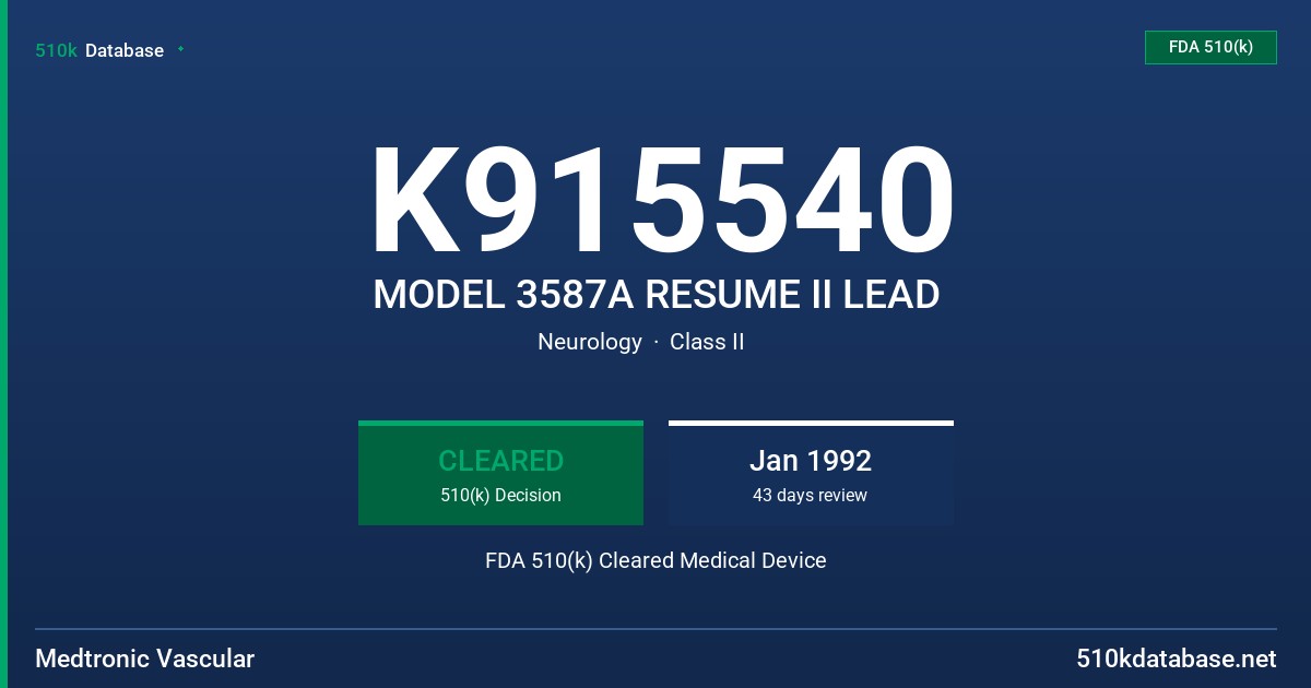 K915540 MODEL 3587A RESUME II LEAD FDA 510(k) Cleared Medical Device