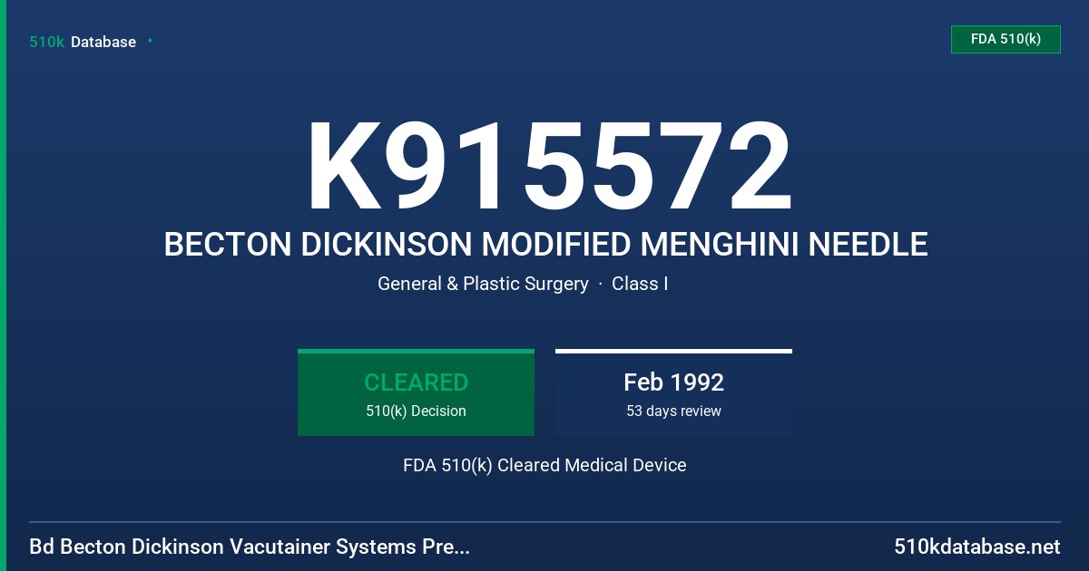 K915572 BECTON DICKINSON MODIFIED MENGHINI NEEDLE FDA 510(k) Cleared Medical Device