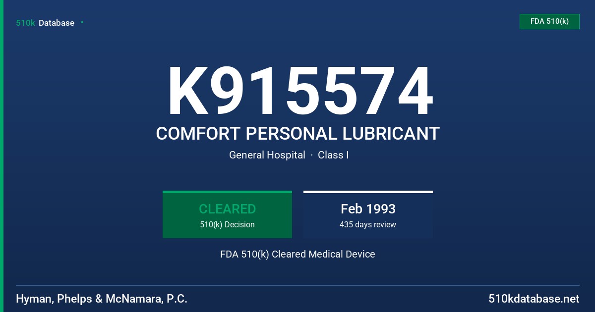 K915574 COMFORT PERSONAL LUBRICANT FDA 510(k) Cleared Medical Device