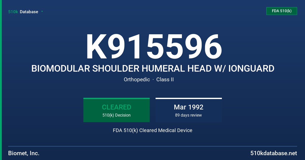 K915596 BIOMODULAR SHOULDER HUMERAL HEAD W/ IONGUARD FDA 510(k) Cleared Medical Device