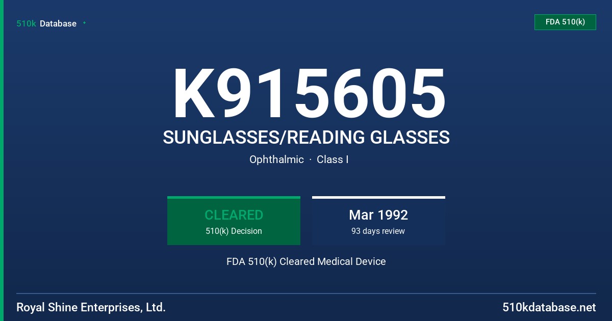 K915605 SUNGLASSES/READING GLASSES FDA 510(k) Cleared Medical Device