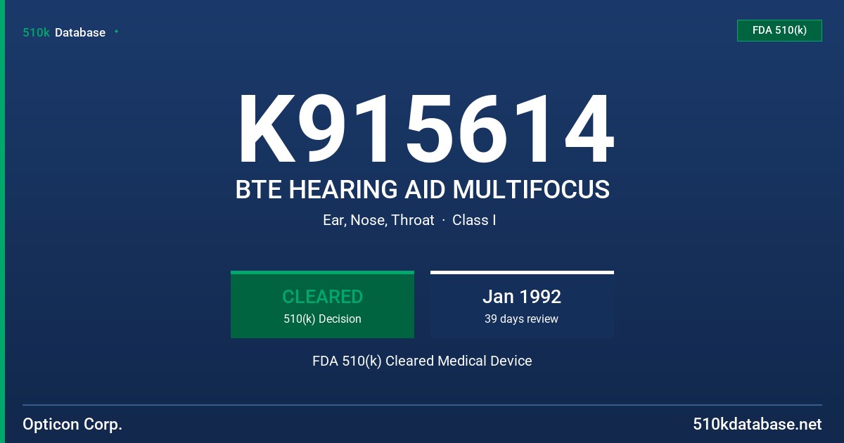 K915614 BTE HEARING AID MULTIFOCUS FDA 510(k) Cleared Medical Device